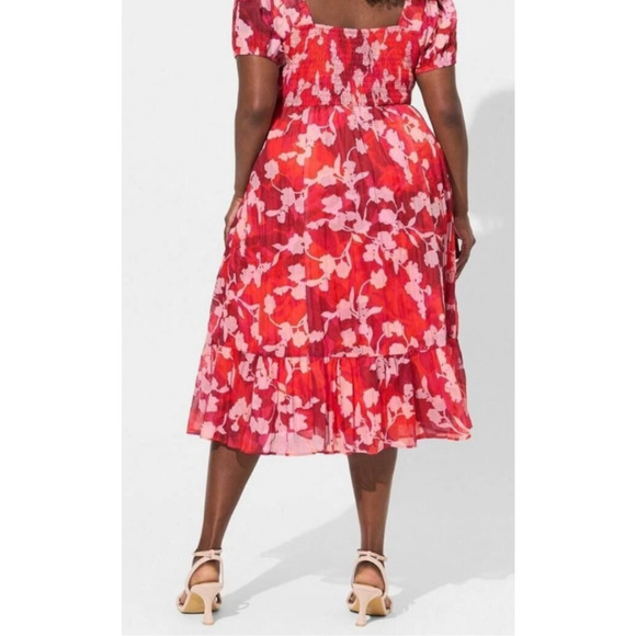 Torrid Midi Dress Size 4X Shady Rose Floral Sheer Overlay Smocked Sweetheart Tie - Picture 2 of 12